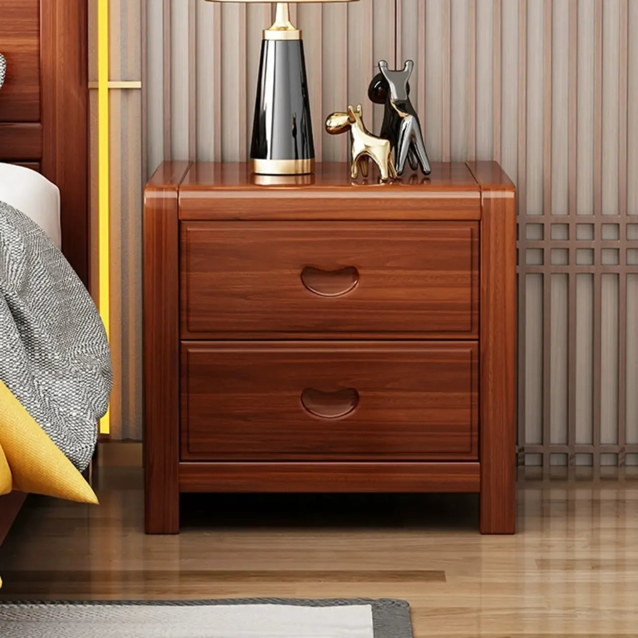 Petite table de chevet traditionnelle en bois brun noyer à 2 tiroirs