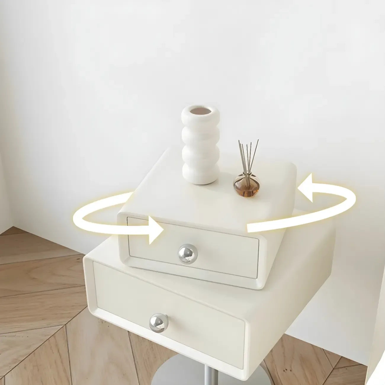 Table de chevet moderne en métal et bois avec 2 tiroirs pivotants