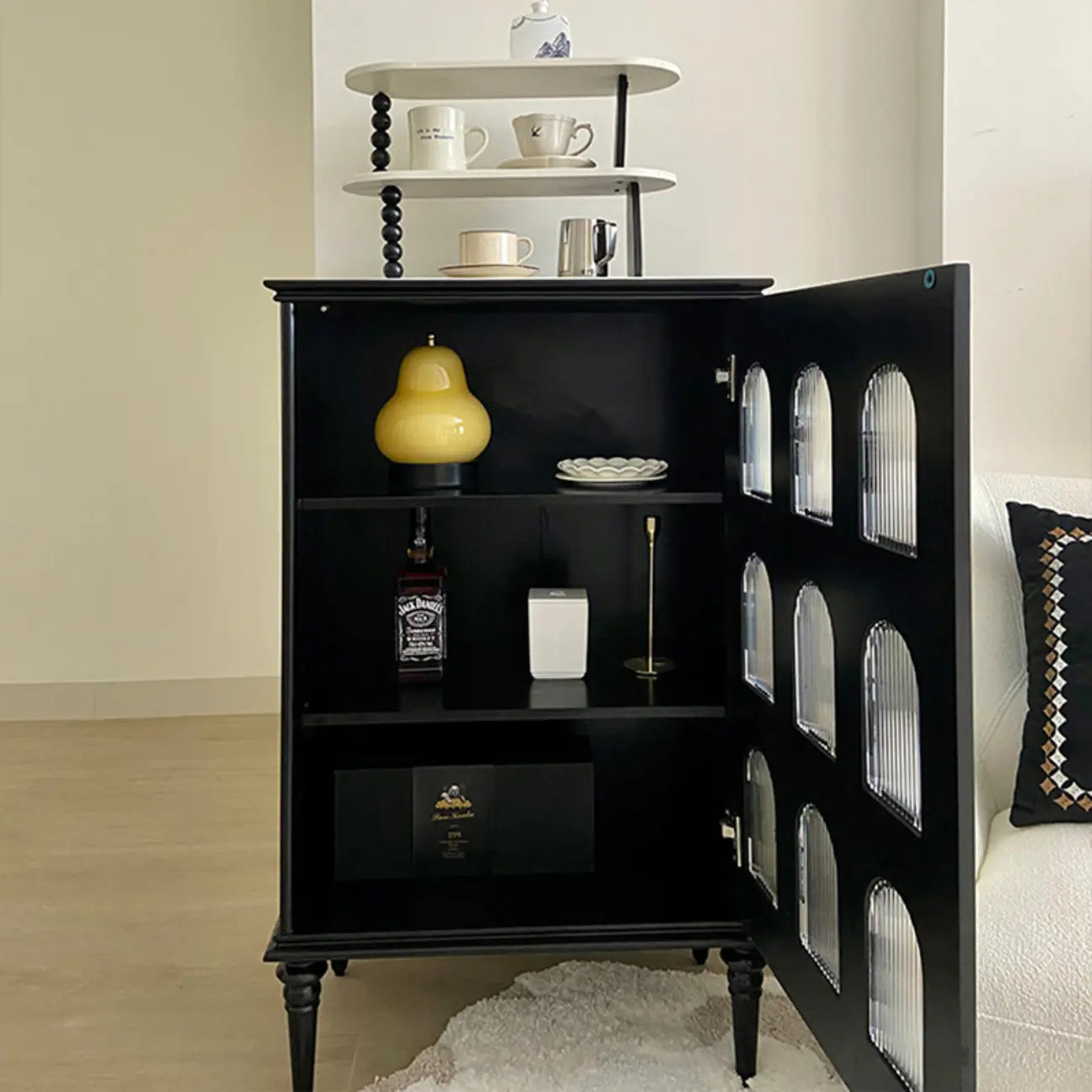 Élégant meuble de rangement d'appoint en bois noir à 9 panneaux de verre