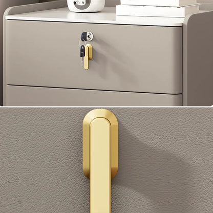 Table de chevet moderne à 3 tiroirs en similicuir avec plateau en pierre