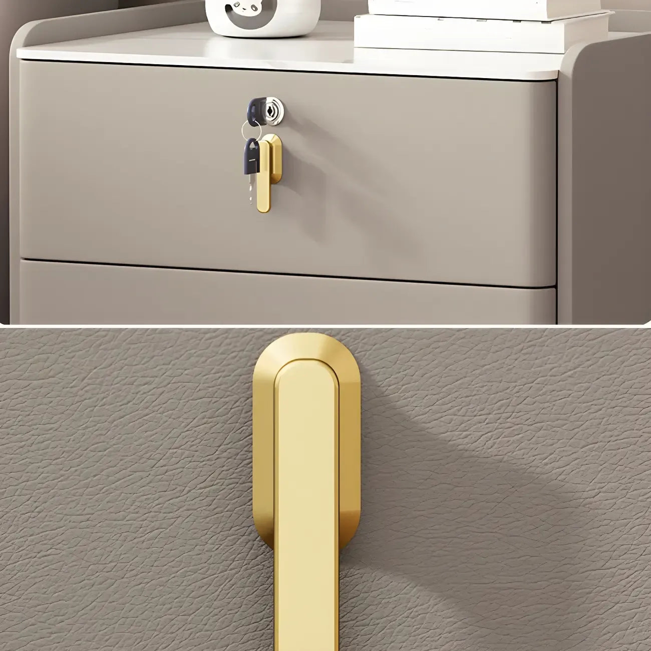 Table de chevet moderne à 3 tiroirs en similicuir avec plateau en pierre