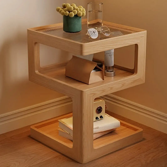 Table de chevet étroite en bois et verre couleur noisette avec éclairage