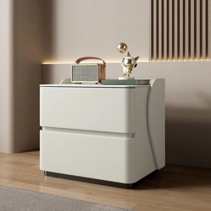 Table de chevet moderne en pin avec plateau en pierre et revêtement en cuir, à deux tiroirs