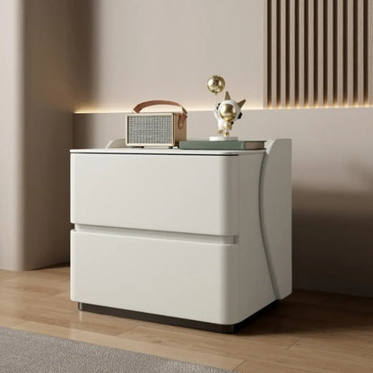 Table de chevet moderne en pin avec plateau en pierre et revêtement en cuir, à deux tiroirs