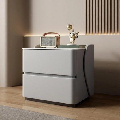 Table de chevet moderne en pin avec plateau en pierre et revêtement en cuir, à deux tiroirs