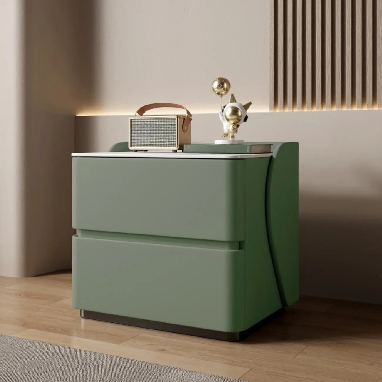 Table de chevet moderne en pin avec plateau en pierre et revêtement en cuir, à deux tiroirs