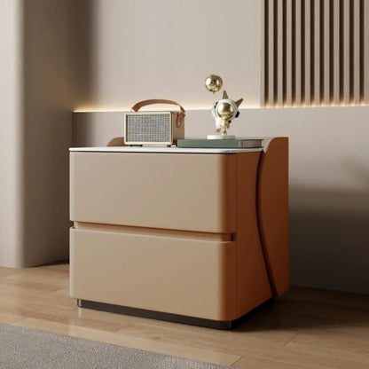 Table de chevet moderne en pin avec plateau en pierre et revêtement en cuir, à deux tiroirs