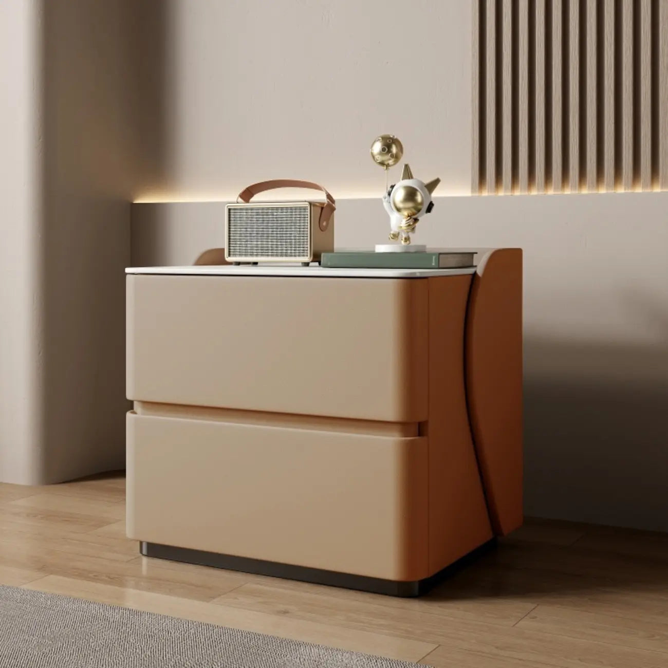 Table de chevet moderne en pin avec plateau en pierre et revêtement en cuir, à deux tiroirs