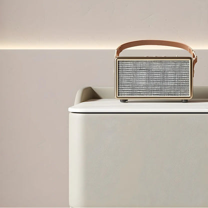 Table de chevet moderne en pin avec plateau en pierre et revêtement en cuir, à deux tiroirs