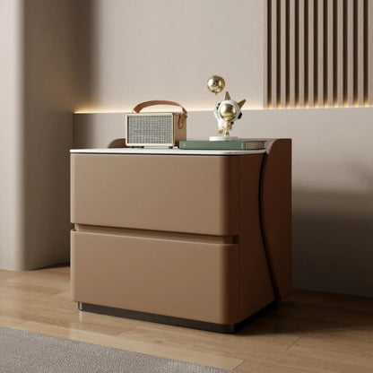 Table de chevet moderne en pin avec plateau en pierre et revêtement en cuir, à deux tiroirs