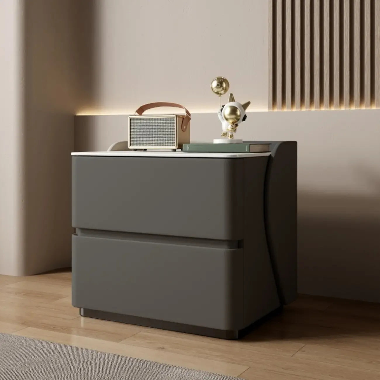 Table de chevet moderne en pin avec plateau en pierre et revêtement en cuir, à deux tiroirs