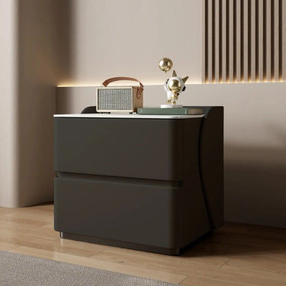 Table de chevet moderne en pin avec plateau en pierre et revêtement en cuir, à deux tiroirs