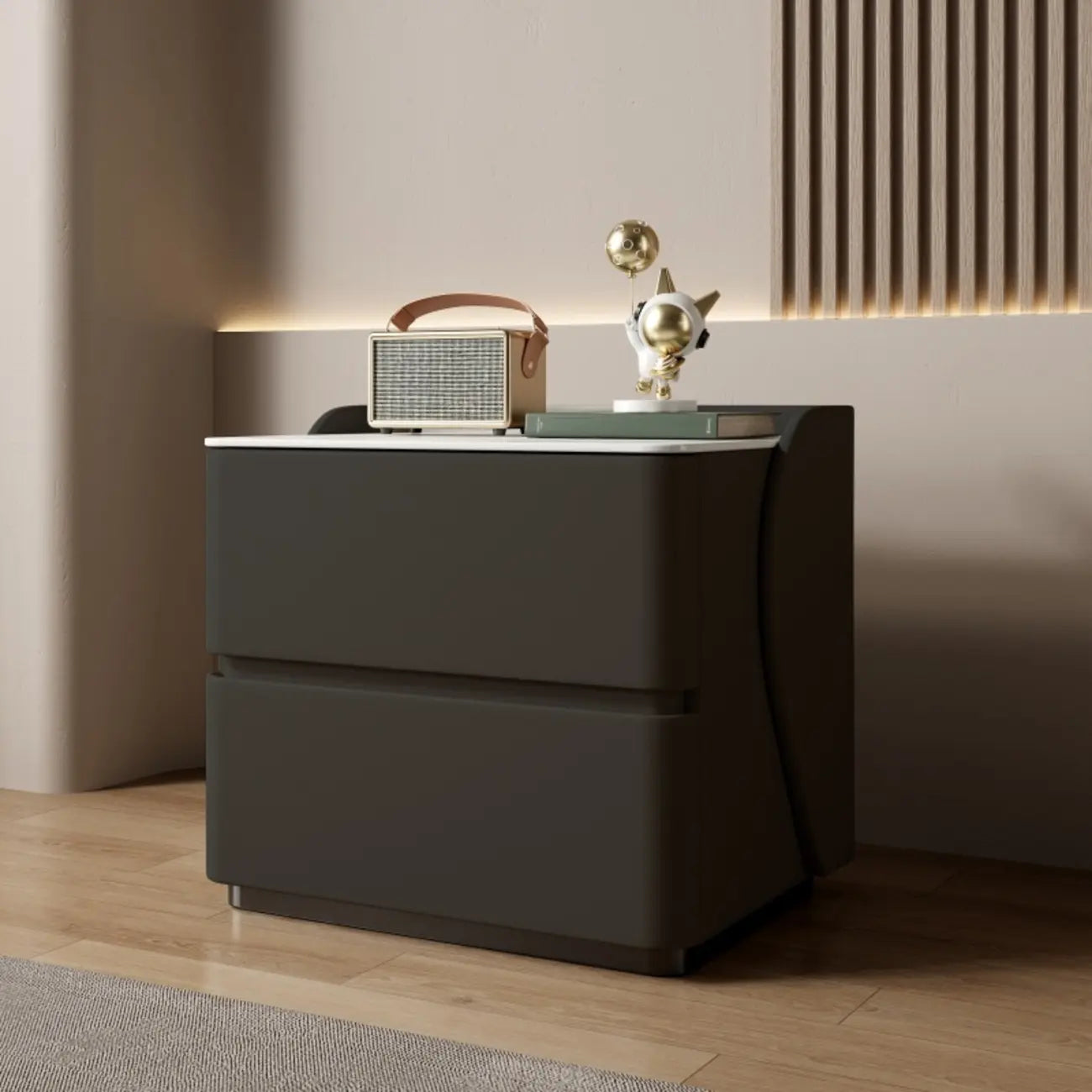 Table de chevet moderne en pin avec plateau en pierre et revêtement en cuir, à deux tiroirs