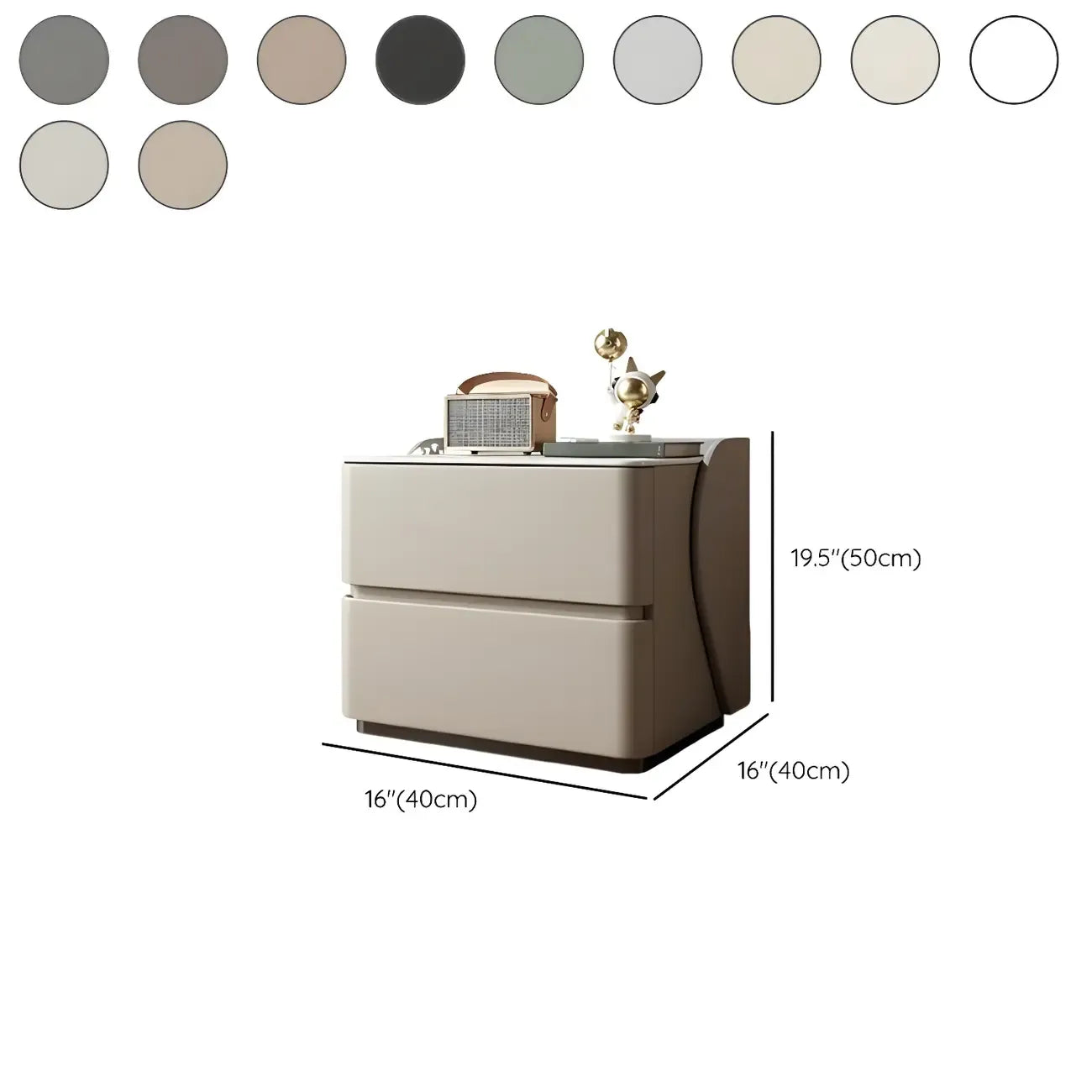 Table de chevet moderne en pin avec plateau en pierre et revêtement en cuir, à deux tiroirs