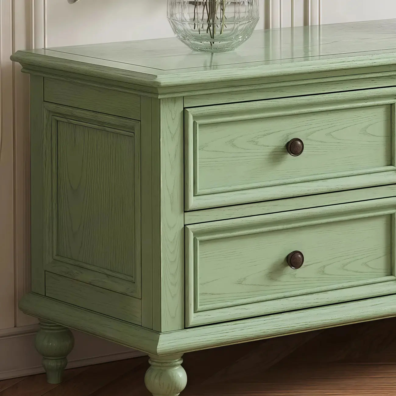 Meuble TV en bois vert style Mid-Century à 4 tiroirs et portes vitrées