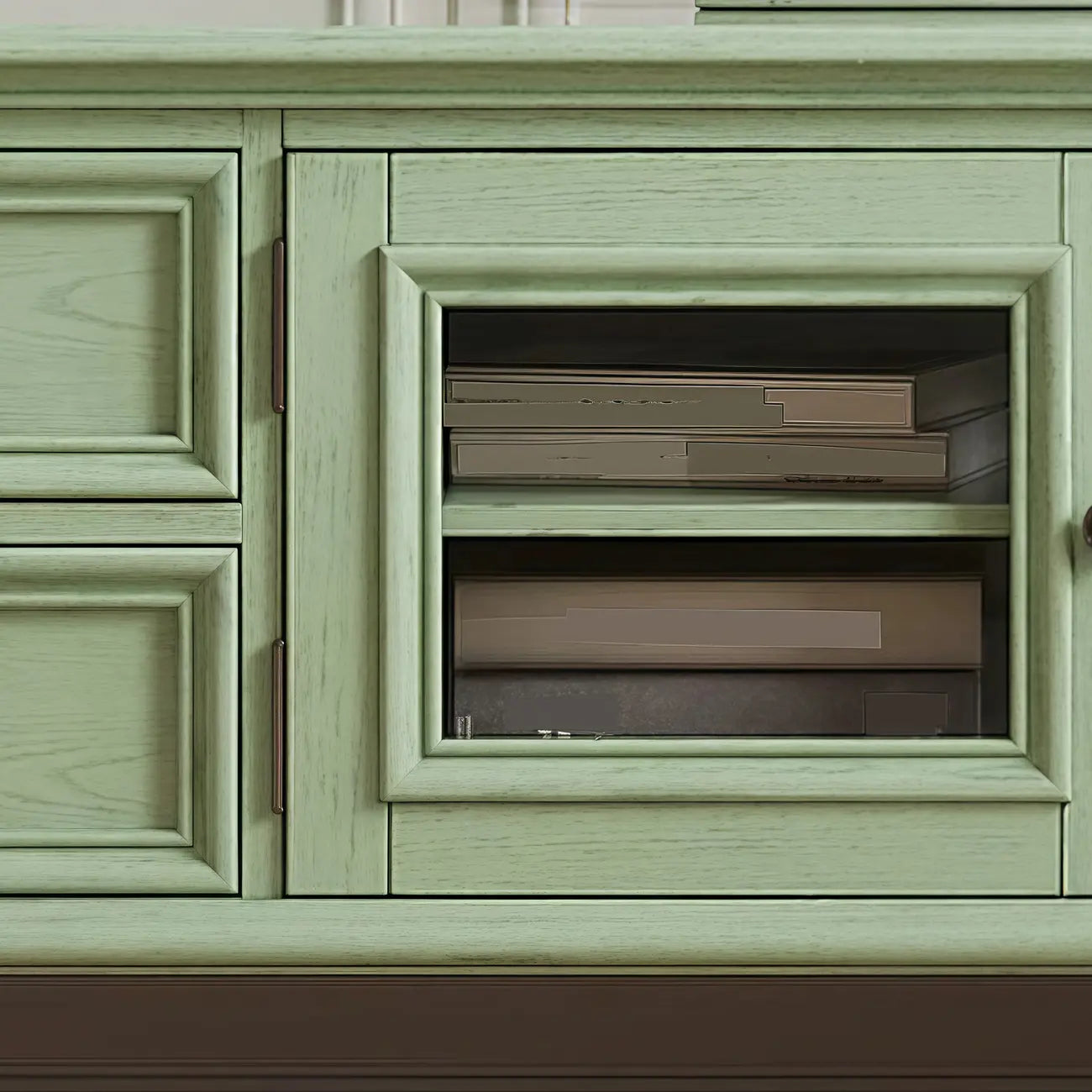 Meuble TV en bois vert style Mid-Century à 4 tiroirs et portes vitrées