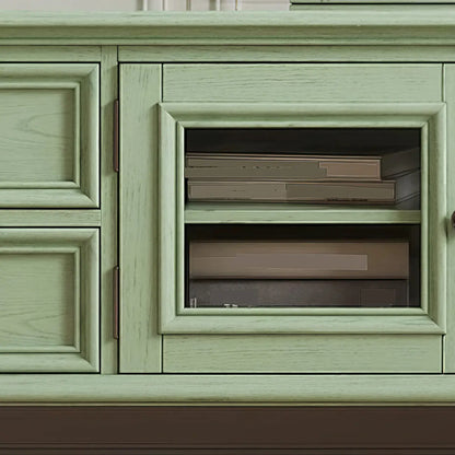 Meuble TV en bois vert style Mid-Century à 4 tiroirs et portes vitrées