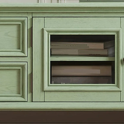 Meuble TV en bois vert style Mid-Century à 4 tiroirs et portes vitrées