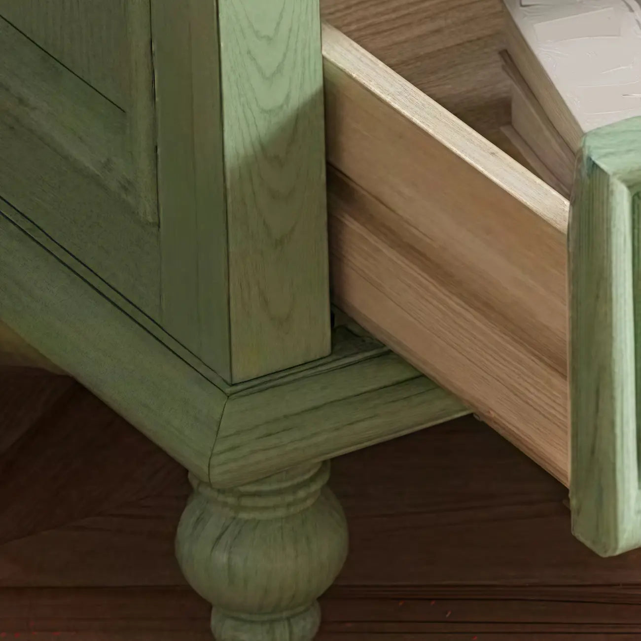 Meuble TV en bois vert style Mid-Century à 4 tiroirs et portes vitrées