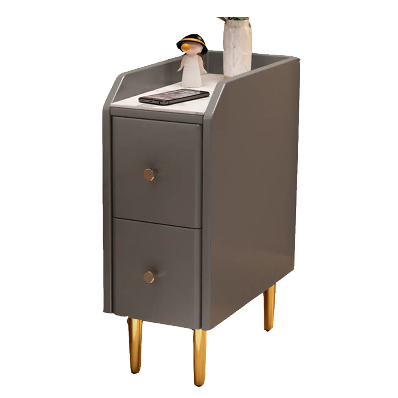 Table de chevet étroite à tiroirs en similicuir avec plateau en pierre