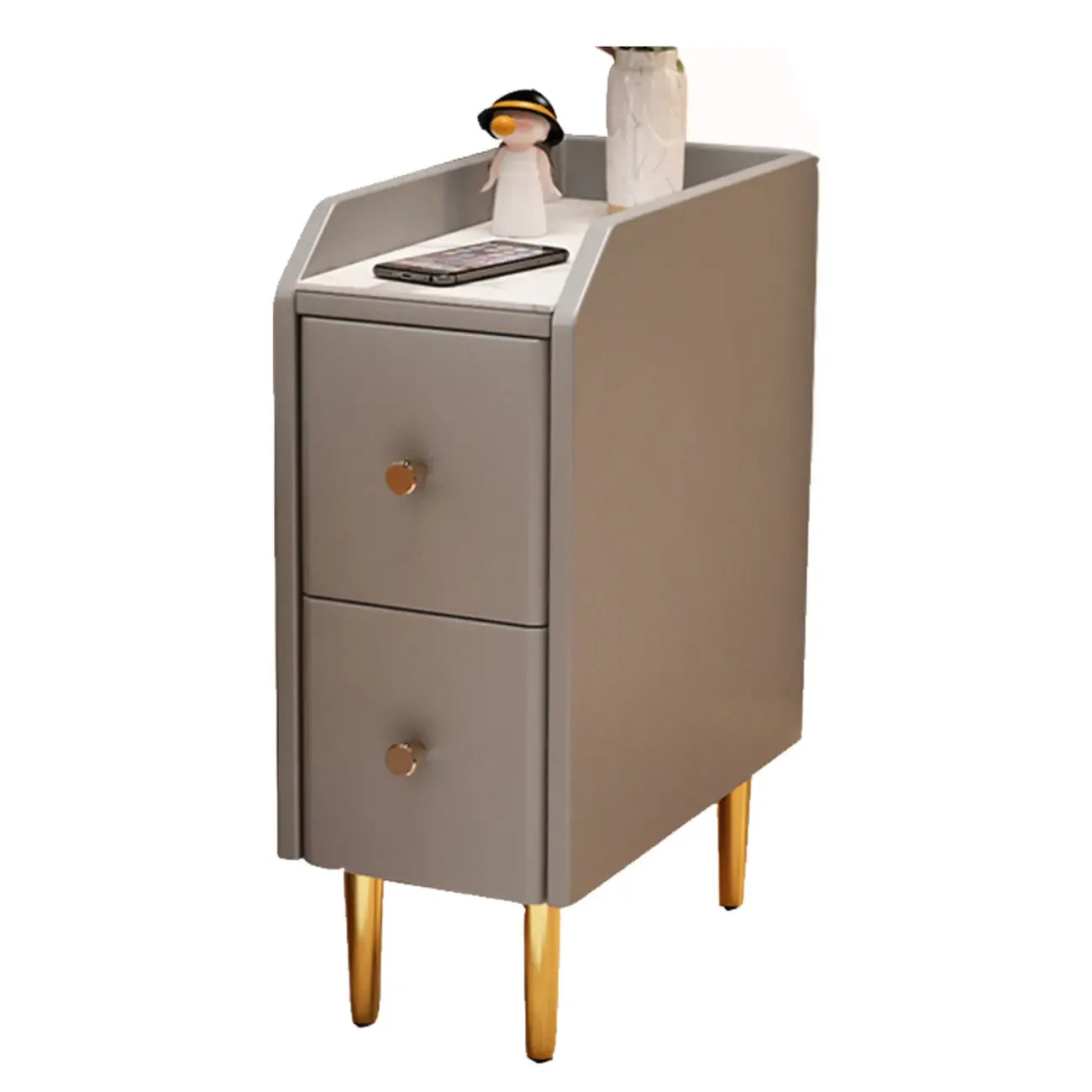 Table de chevet étroite à tiroirs en similicuir avec plateau en pierre