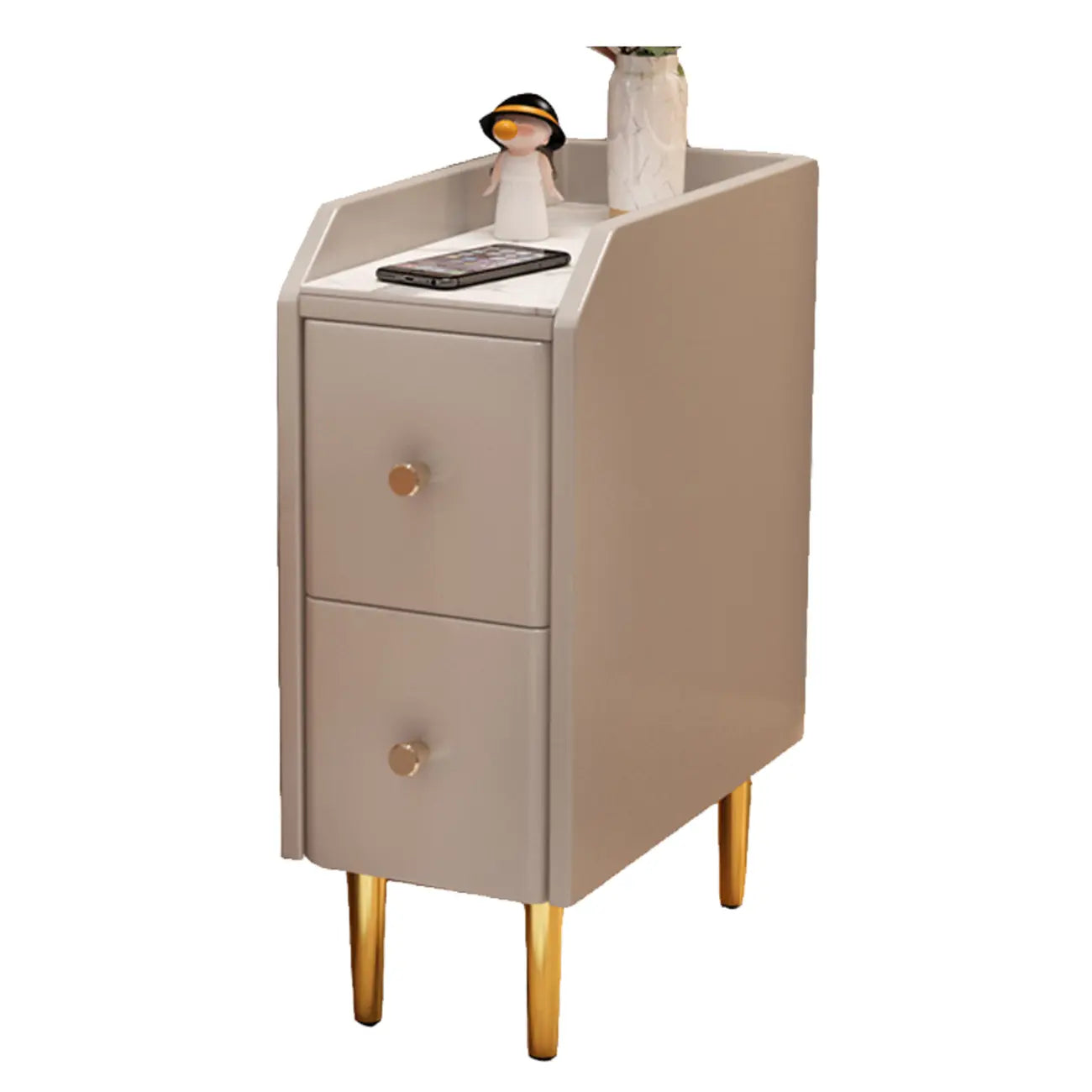 Table de chevet étroite à tiroirs en similicuir avec plateau en pierre