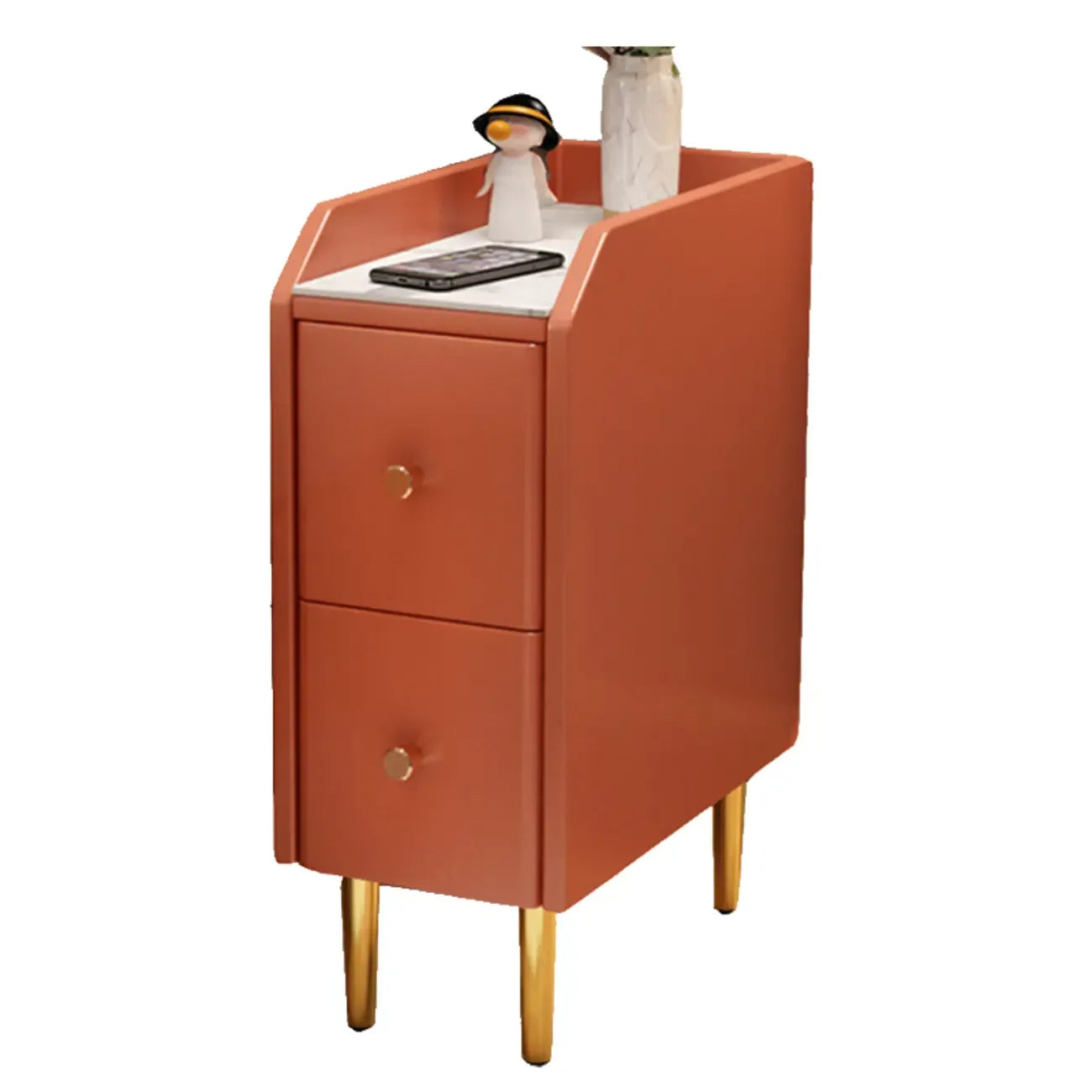 Table de chevet étroite à tiroirs en similicuir avec plateau en pierre