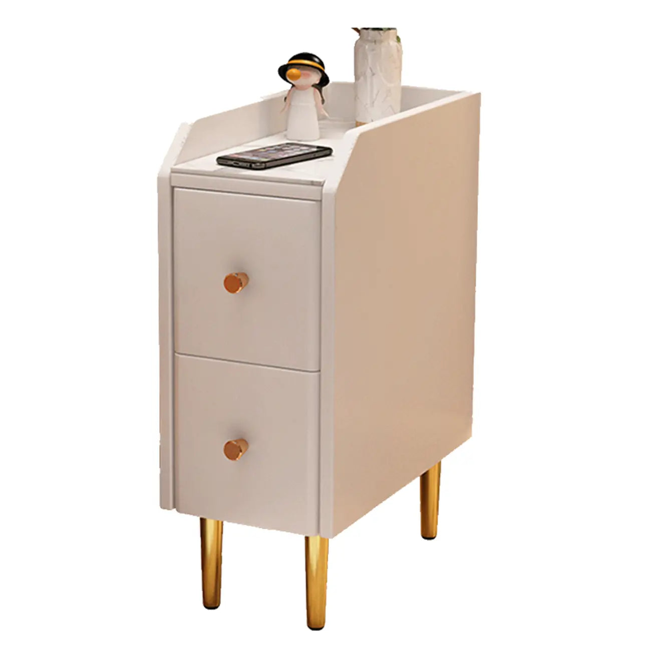 Table de chevet étroite à tiroirs en similicuir avec plateau en pierre