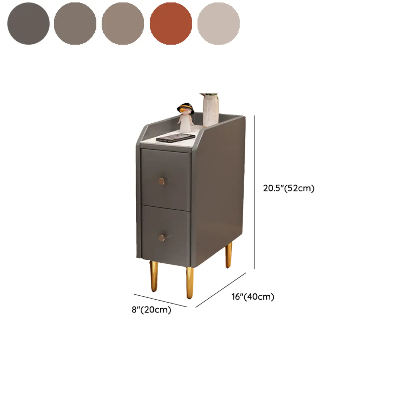 Table de chevet étroite à tiroirs en similicuir avec plateau en pierre