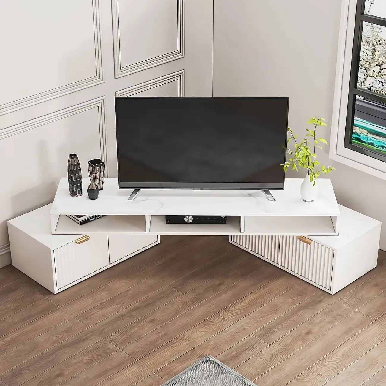 Meuble TV d'angle moderne blanc à 2 tiroirs avec rangement ouvert