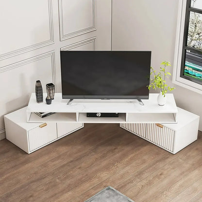 Meuble TV d'angle moderne blanc à 2 tiroirs avec rangement ouvert