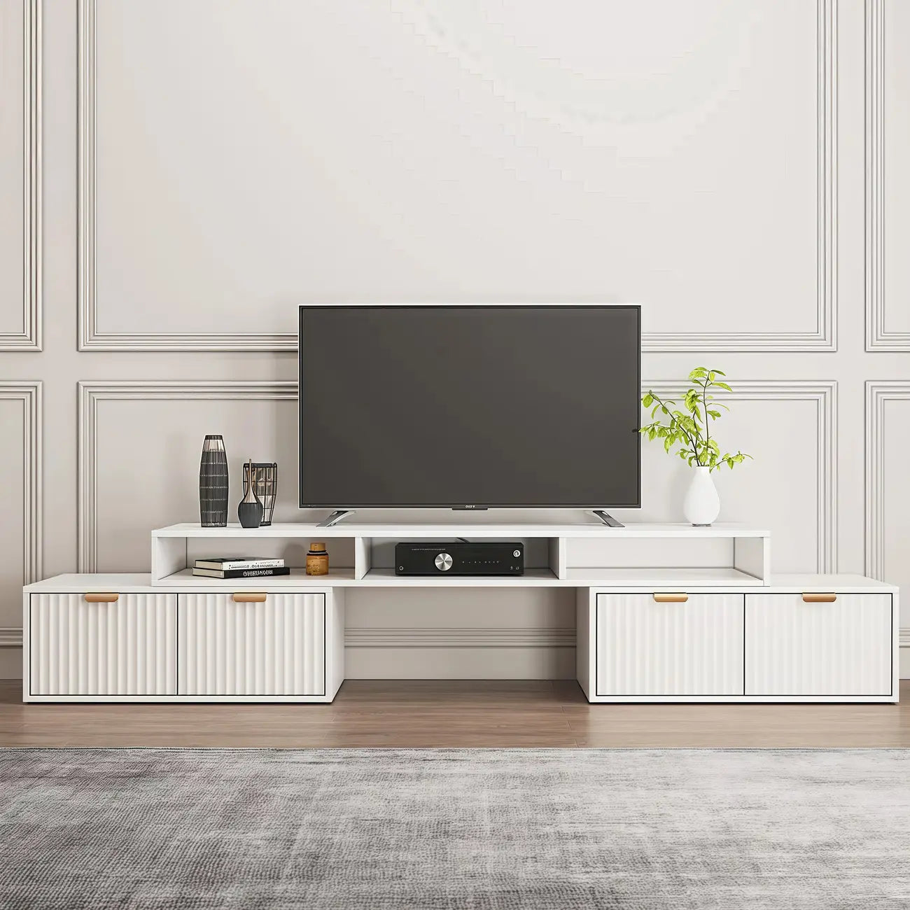 Meuble TV d'angle moderne blanc à 2 tiroirs avec rangement ouvert