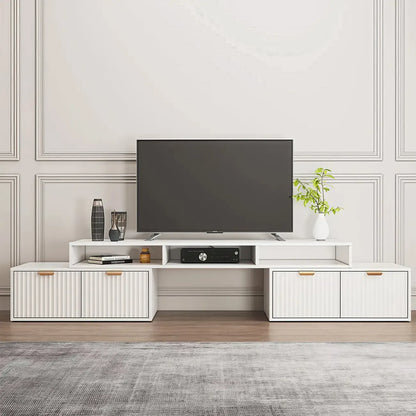 Meuble TV d'angle moderne blanc à 2 tiroirs avec rangement ouvert