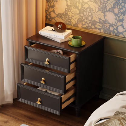 Table de chevet traditionnelle rectangulaire en bois massif noir à 3 tiroirs