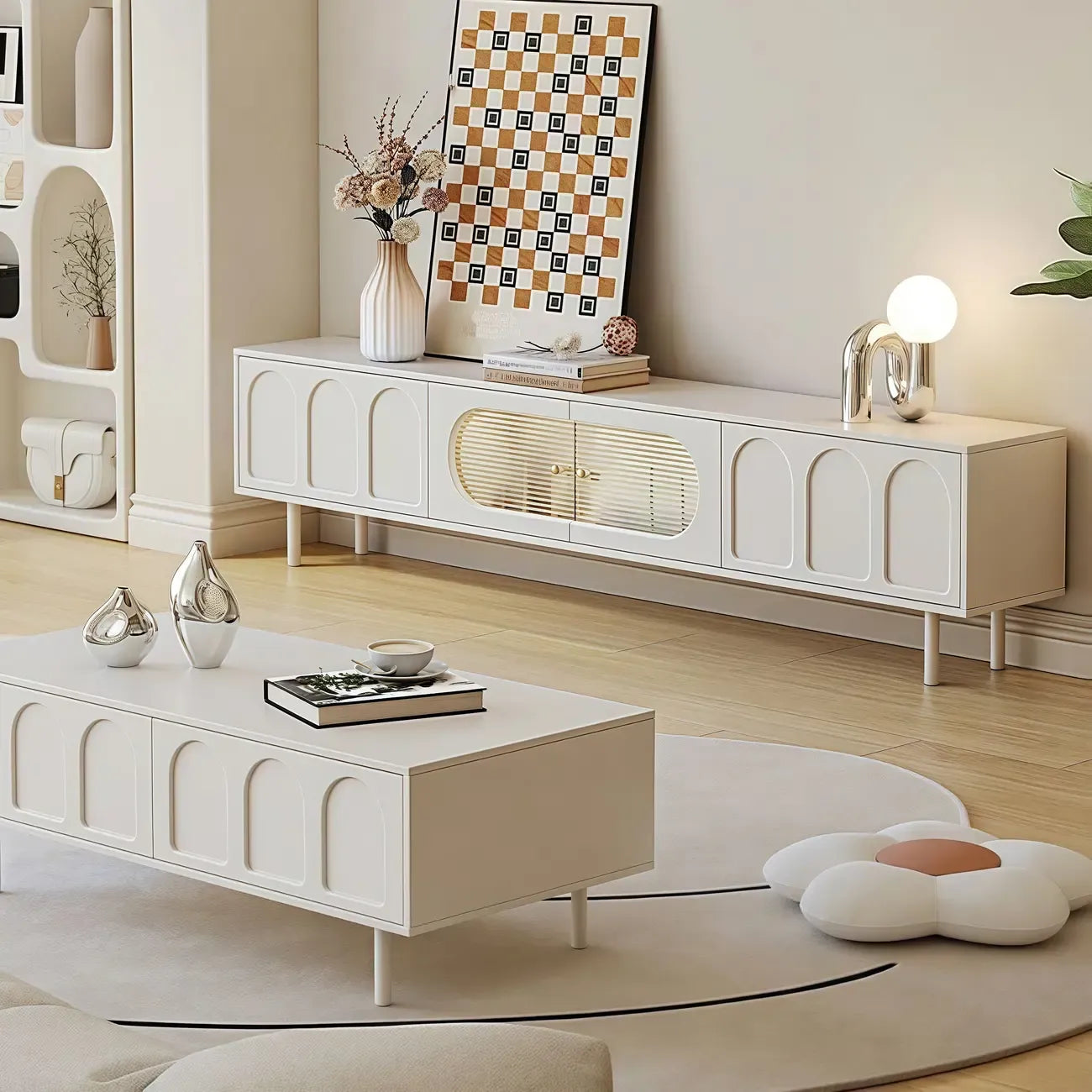 Meuble TV rectangulaire moderne en bois blanc avec rangement