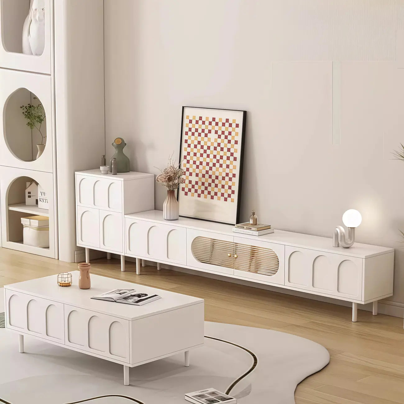 Meuble TV rectangulaire moderne en bois blanc avec rangement