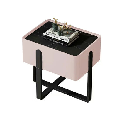 Table de chevet moderne avec plateau en pierre et tiroir en cuir pour petits espaces