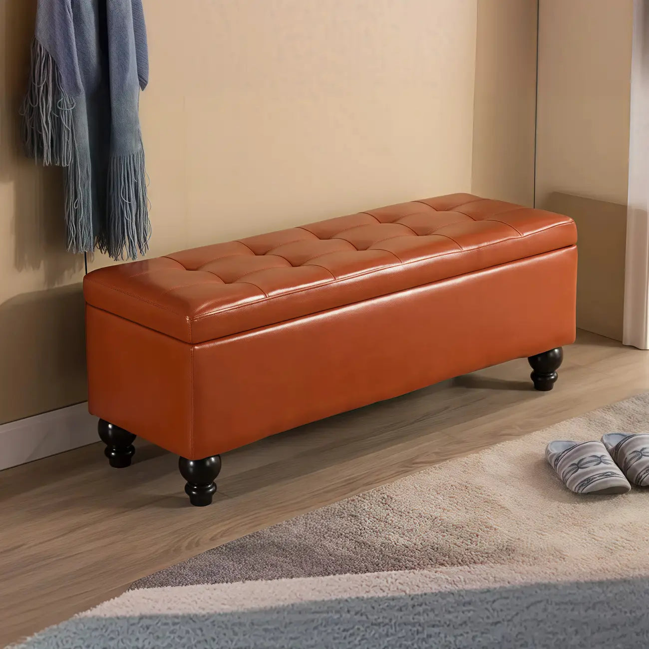 Banc d'entrée moderne avec couvercle rabattable et rangement en similicuir