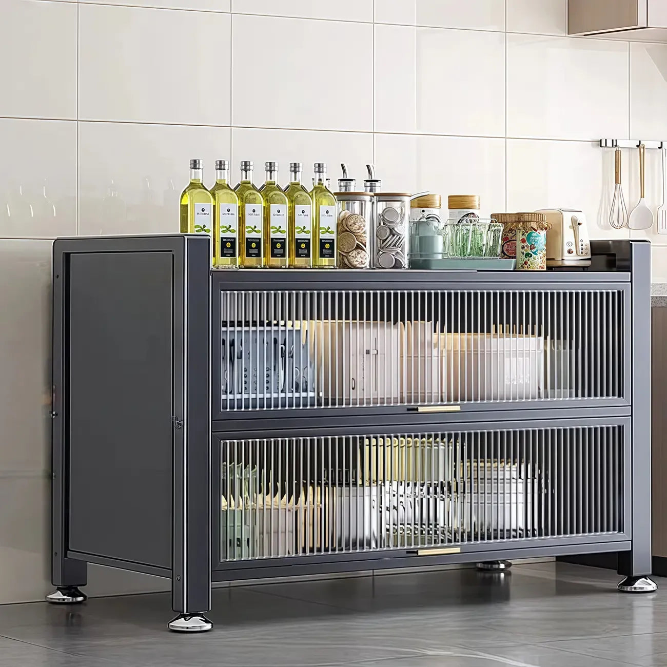 Buffet moderne et simple en métal avec portes relevables et plusieurs placards