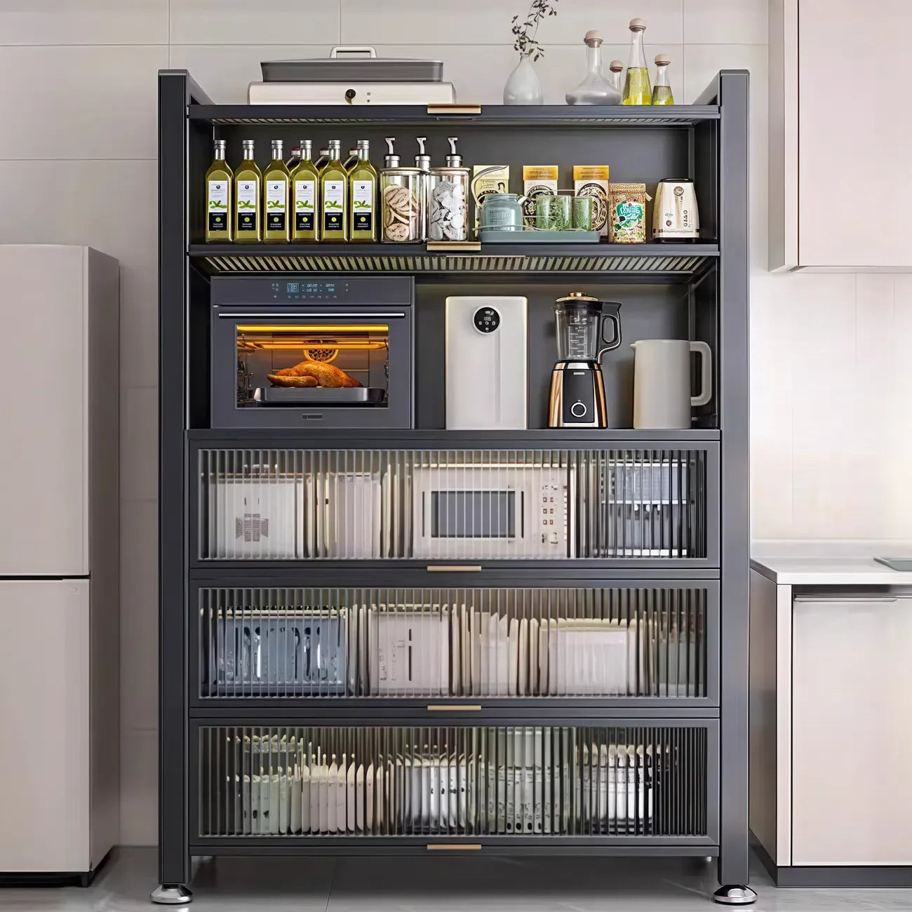 Buffet moderne et simple en métal avec portes relevables et plusieurs placards