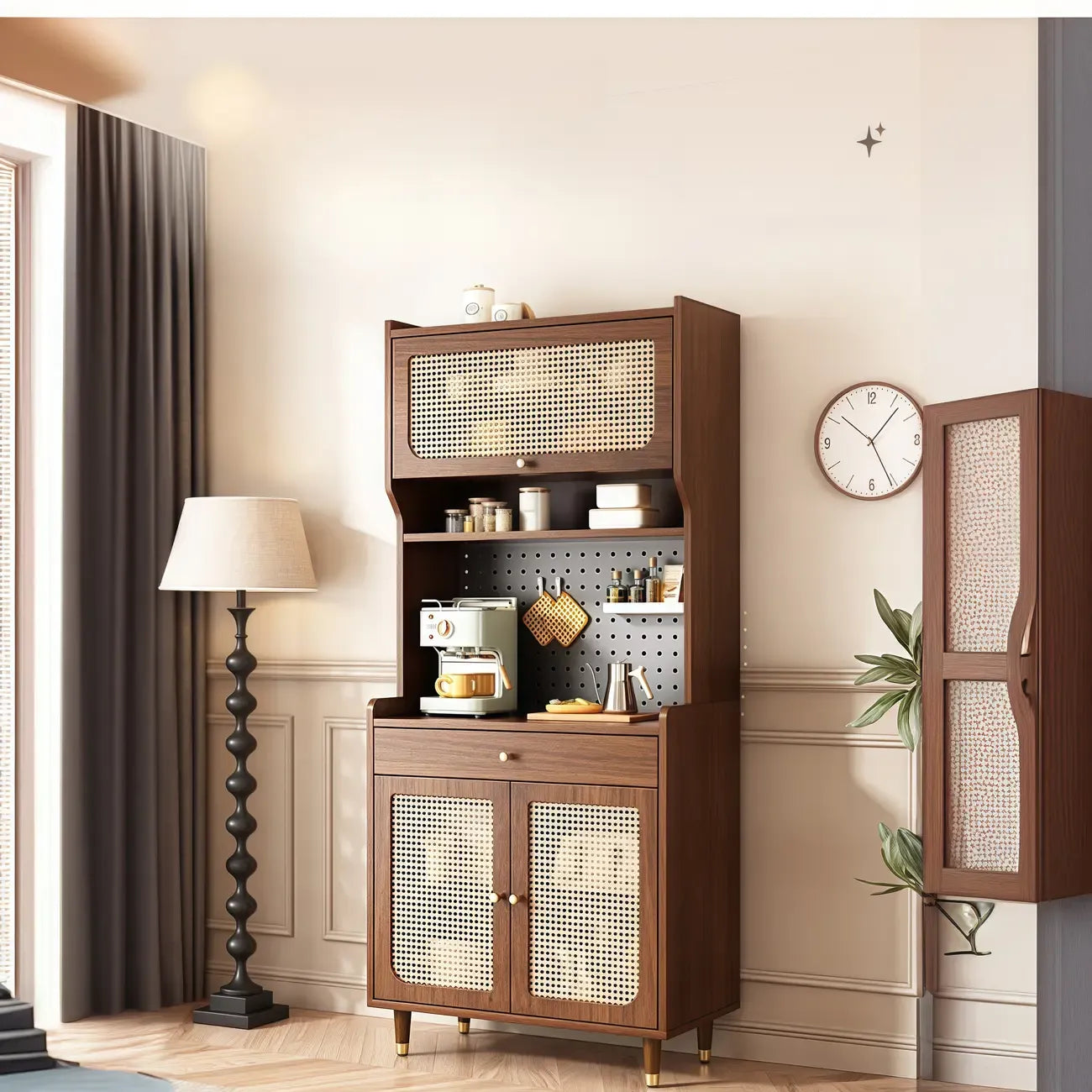 Buffet de rangement en bois de noyer avec panneaux perforés et portes en rotin