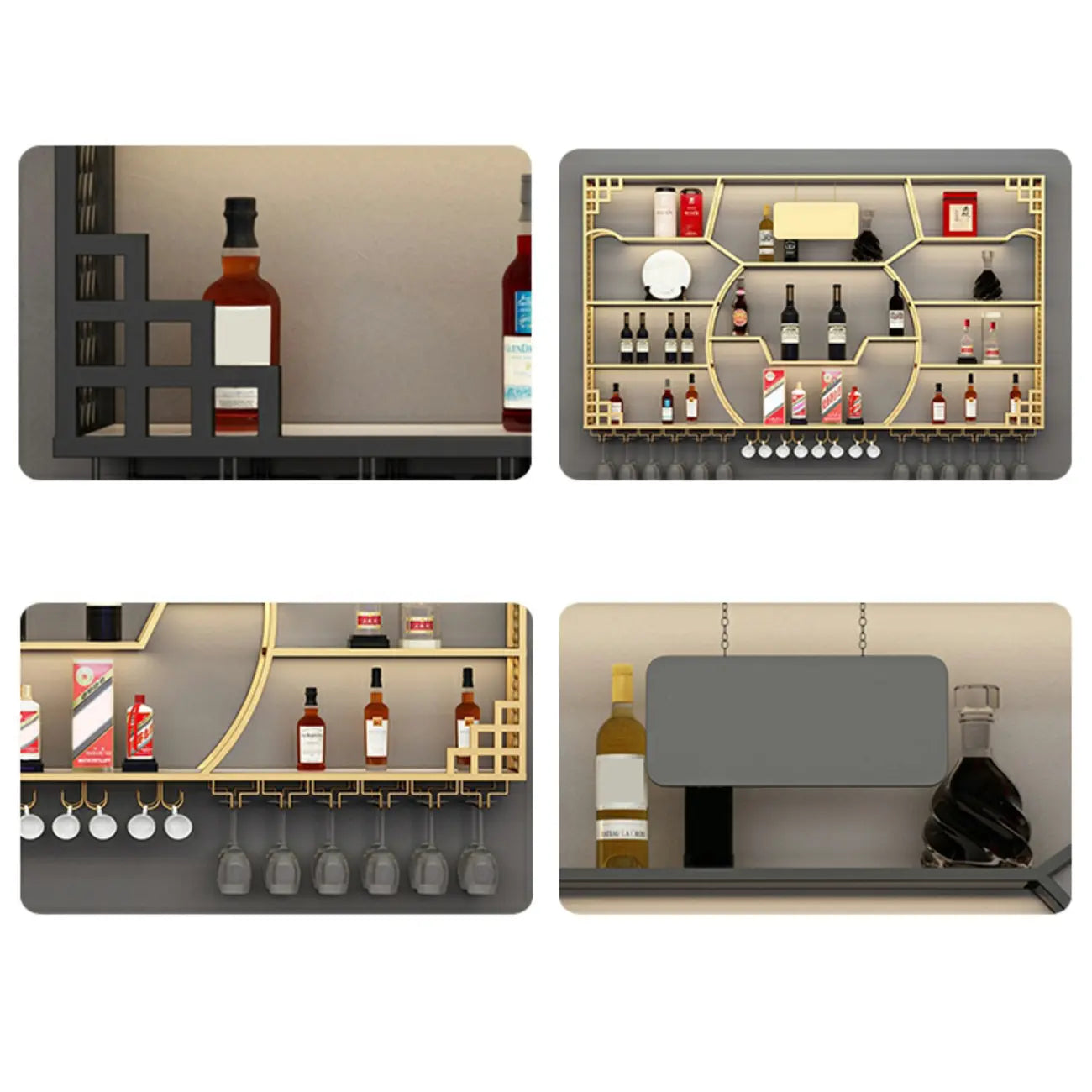 Étagère murale à plusieurs niveaux en métal doré pour bouteilles de vin et verres