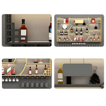 Étagère murale à plusieurs niveaux en métal doré pour bouteilles de vin et verres