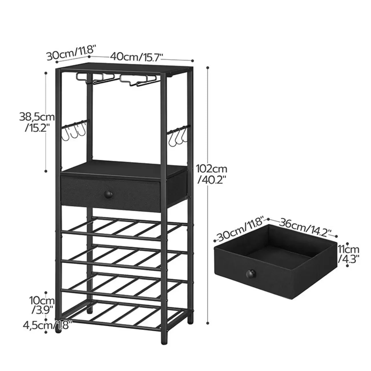 Casier à vin et à verres sur pied à 4 niveaux avec étagères et tiroirs pour verres sur le dessus