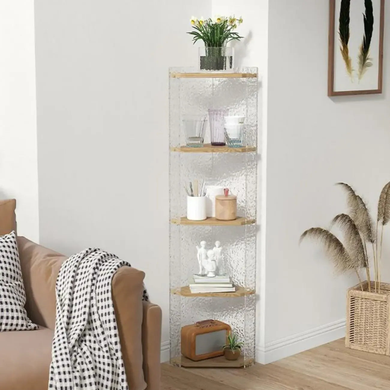 Meuble d'angle moderne avec étagères ouvertes en acrylique et bois naturel