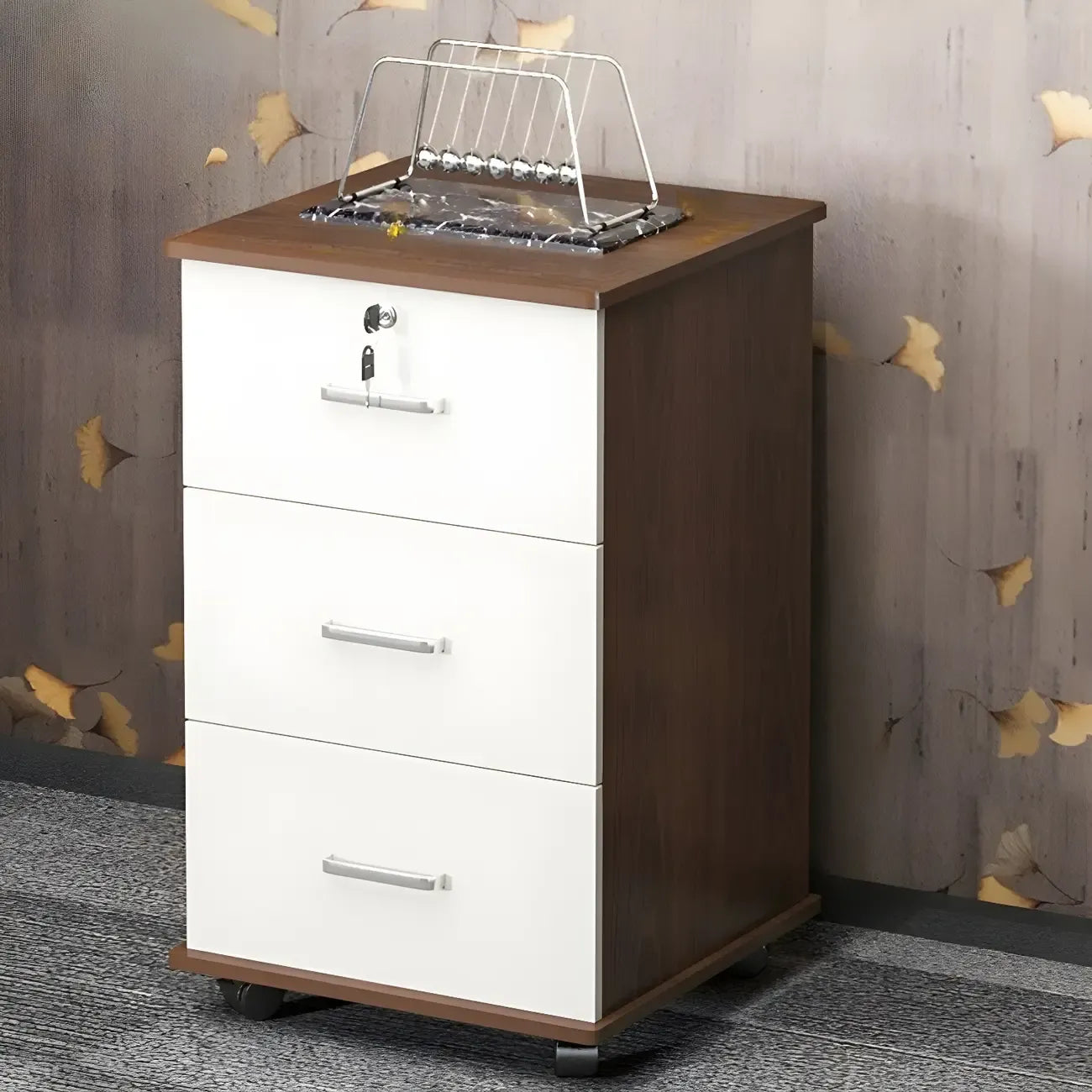 Classeur mobile Lokable en bois brun et blanc à 3 tiroirs