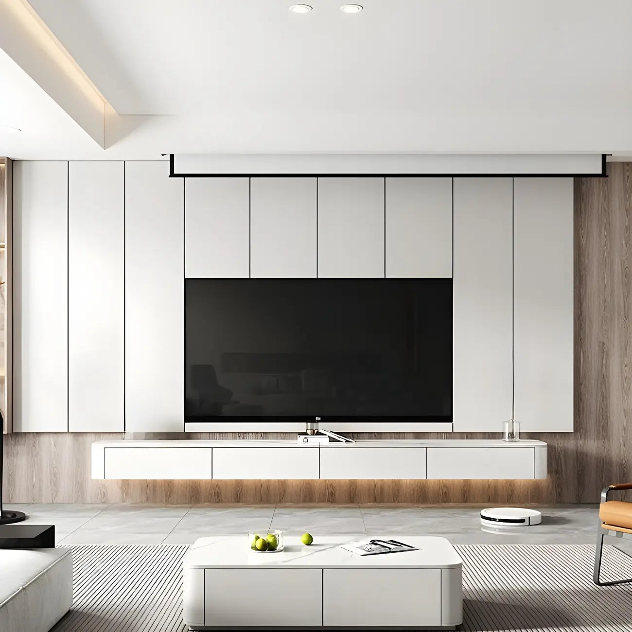 Meuble TV suspendu élégant en pierre blanche avec tiroirs de rangement