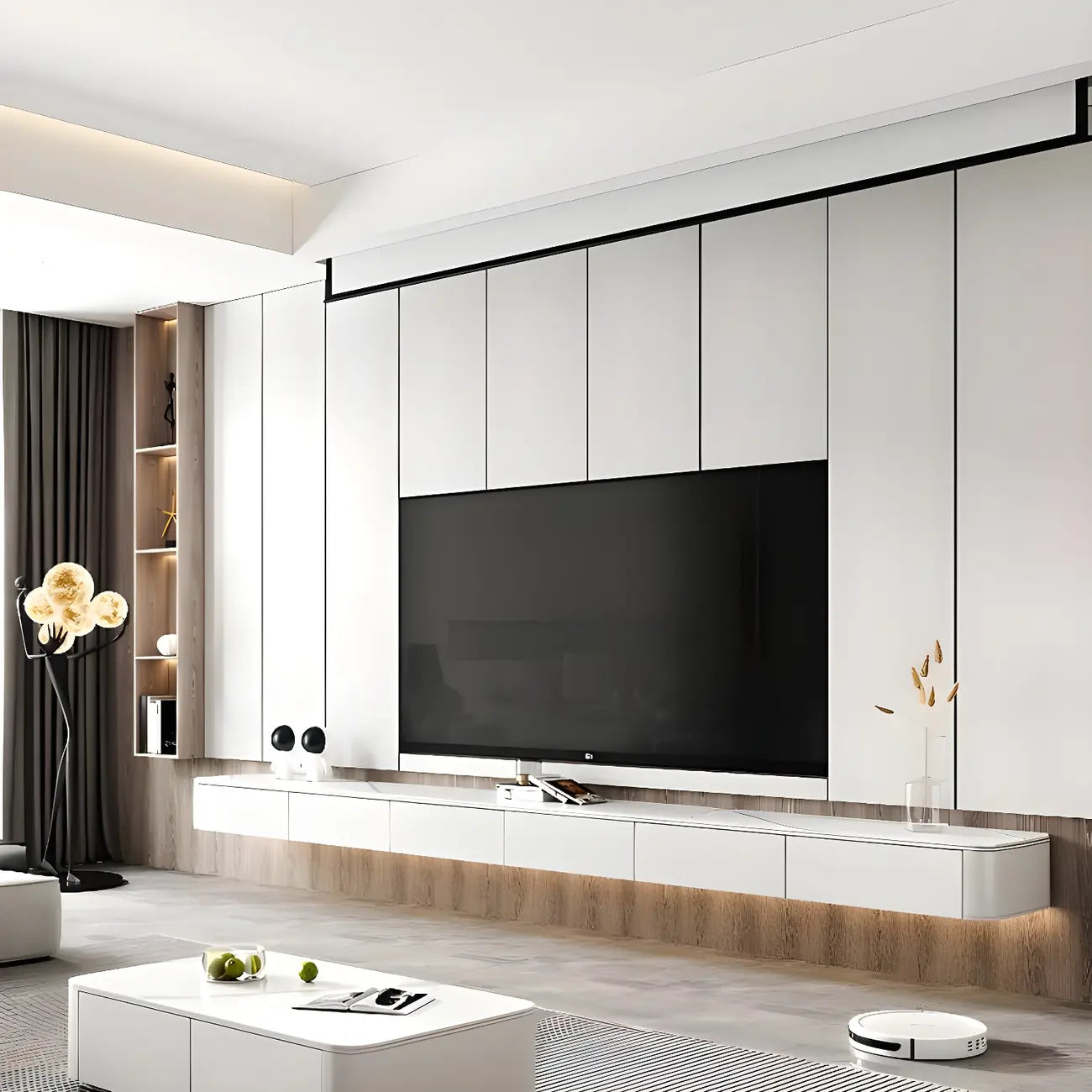 Meuble TV suspendu élégant en pierre blanche avec tiroirs de rangement