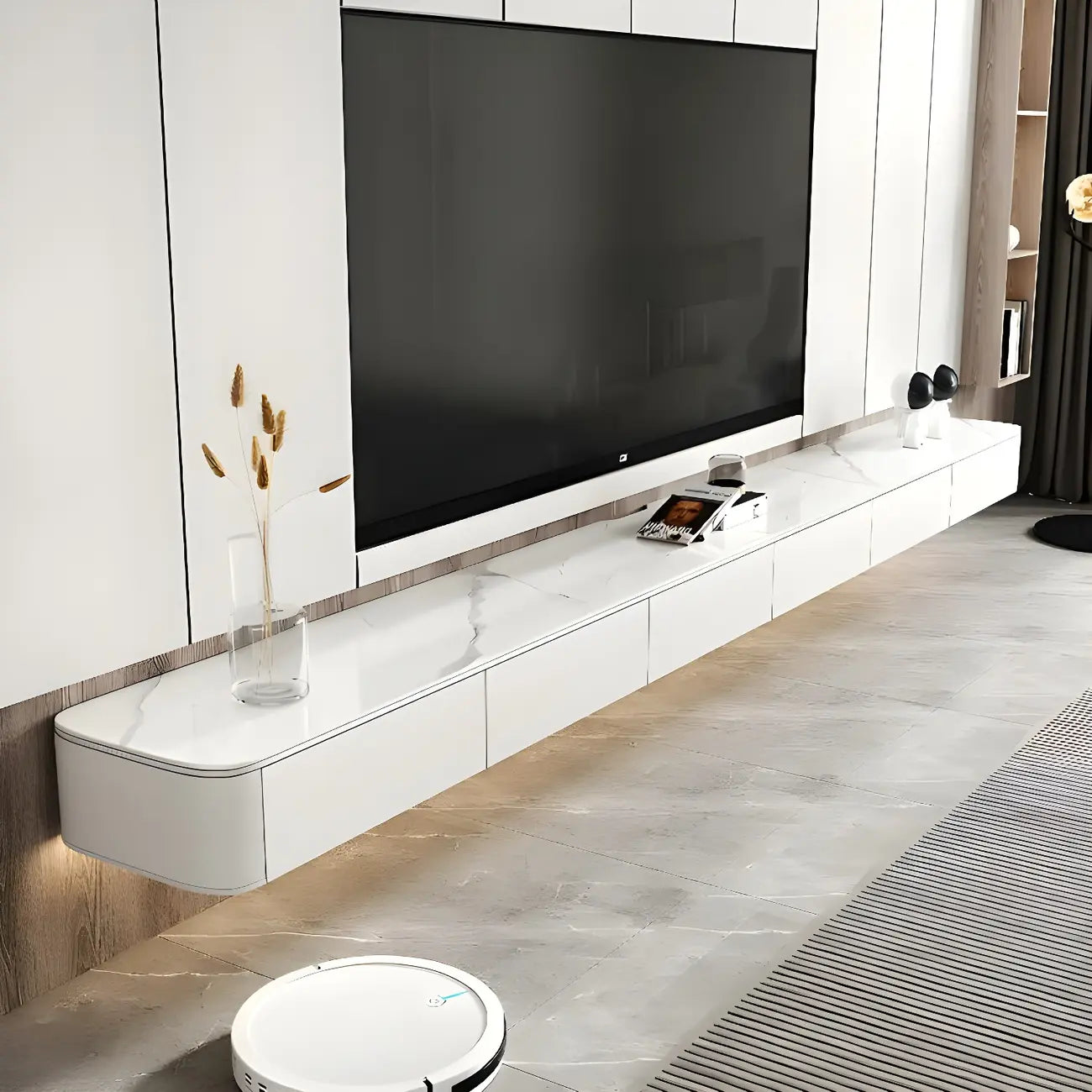 Meuble TV suspendu élégant en pierre blanche avec tiroirs de rangement