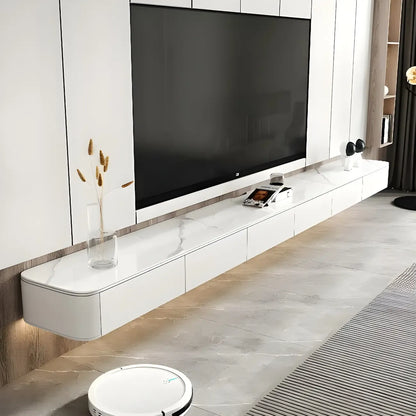 Meuble TV suspendu élégant en pierre blanche avec tiroirs de rangement